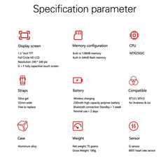 Reloj inteligente N6 con pantalla TFT de 1,3 pulgadas MTK2502C Bluetooth 4.0, correa de silicona, compatible con monitor de frecuencia cardíaca, podómetro, monitor de sueño y recordatorio de sedentarismo