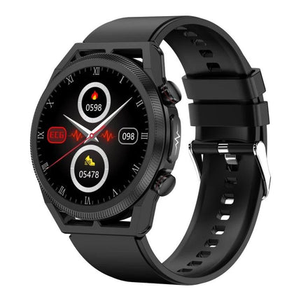 ET310 Smart Watch for Everyday Health and Fitness Tracking black round watch showing ECG, heart rate and step tracking on display