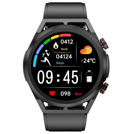 ET310 Smart Watch for Everyday Health and Fitness Tracking - black round smartwatch showing time, steps, heart rate and calories display