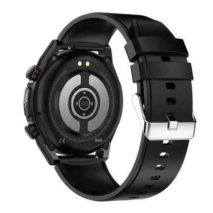 ET310 Smart Watch for Everyday Health and Fitness Tracking rear view showing sensors and black silicone strap