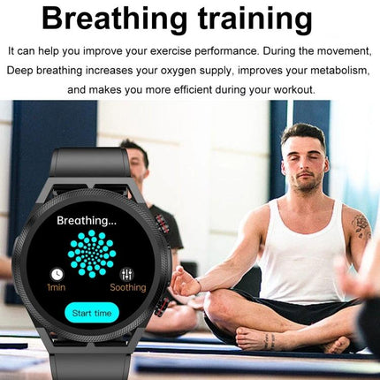 ET310 Smart Watch for Everyday Health and Fitness Tracking breathing training display with meditation scene and heart-rate/SpO2 monitoring
