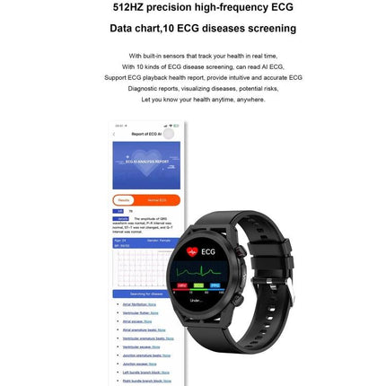 ET310 Smart Watch for Everyday Health and Fitness Tracking - black round smartwatch showing ECG screen and mobile app ECG report