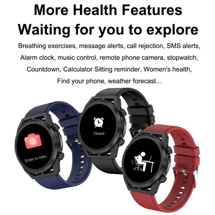 ET310 Smart Watch for Everyday Health and Fitness Tracking showing three colored watches with health and notification feature icons