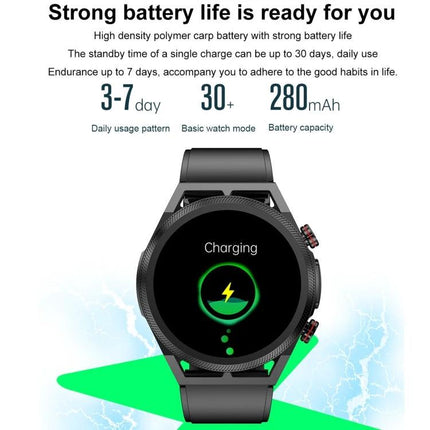 ET310 Smart Watch for Everyday Health and Fitness Tracking showing charging screen and battery life stats (3–7 day use, 280mAh)