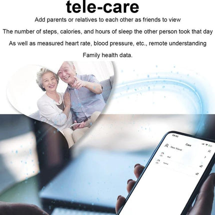 ET310 Smart Watch for Everyday Health and Fitness Tracking showing tele-care app with elderly couple photo and smartphone app interface