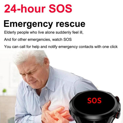 ET310 Smart Watch for Everyday Health and Fitness Tracking - elderly man using 24-hour SOS emergency rescue feature on watch