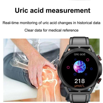 ET310 Smart Watch for Everyday Health and Fitness Tracking showing uric acid monitoring screen and knee pain visualization