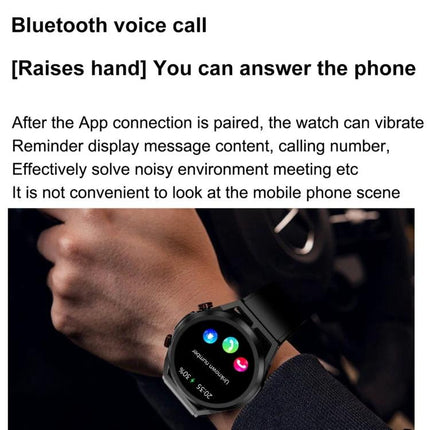 ET310 Smart Watch for Everyday Health and Fitness Tracking on wrist showing Bluetooth voice call screen and app notifications