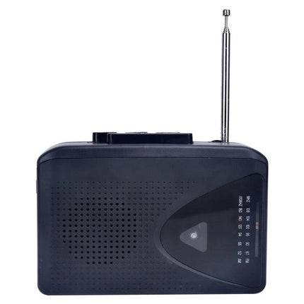 Compact Portable Cassette Player with FM/AM Radio Speaker black portable unit with retractable antenna and built-in speaker, top view