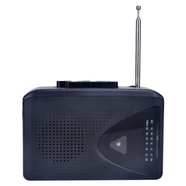 Compact Portable Cassette Player with FM/AM Radio Speaker black portable unit with retractable antenna and built-in speaker, top view