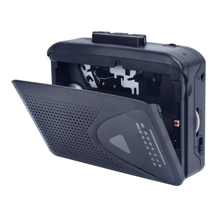 Compact Portable Cassette Player with FM/AM Radio Speaker showing open cassette compartment, built-in speaker and headphone jack