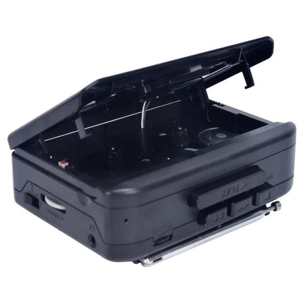 Compact Portable Cassette Player with FM/AM Radio Speaker open cassette compartment, 3.5mm jack and playback controls