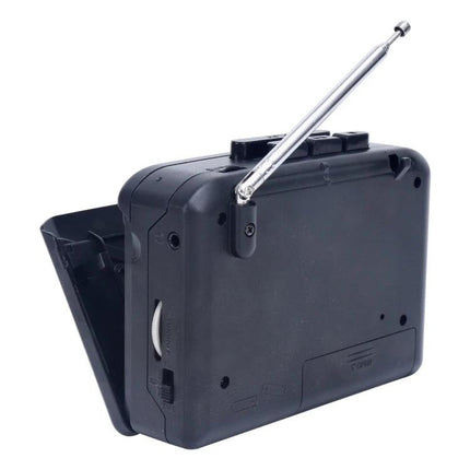 Compact Portable Cassette Player with FM/AM Radio Speaker showing black portable unit with telescopic antenna and headphone jack