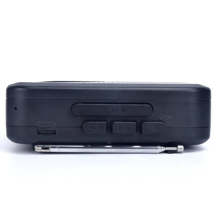 Compact Portable Cassette Player with FM/AM Radio Speaker shown from side with play/stop buttons, volume slider and folded antenna