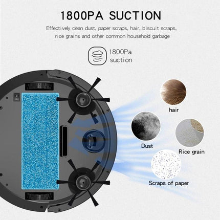 BOWAI OB8S Robot for Sweeping and Mopping Home Floors showing 1800PA suction cleaning hair dust rice grains and paper scraps