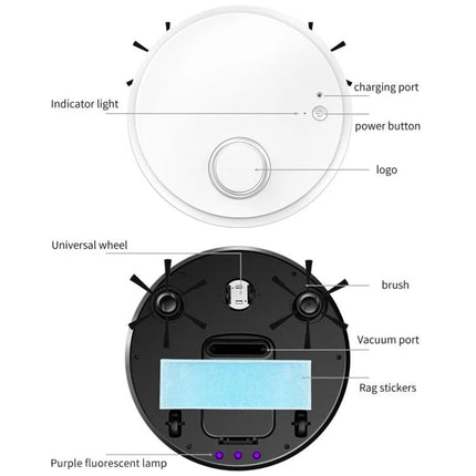 BOWAI OB12 Intelligent USB Charging Household Sweeping Robot top and bottom view showing power button, charging port, brushes, vacuum port, mop pad