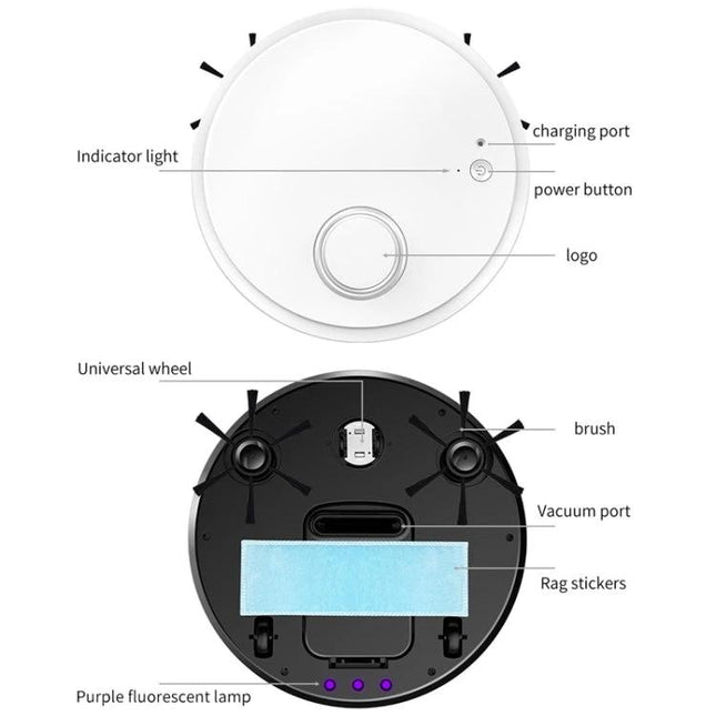 BOWAI OB12 Intelligent USB Charging Household Sweeping Robot top and bottom view showing power button, charging port, brushes, vacuum port, mop pad