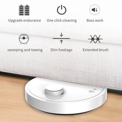 BOWAI OB12 Intelligent USB Charging Household Sweeping Robot showing slim white robot vacuum under sofa with icons for one click cleaning, extended brush, mopping