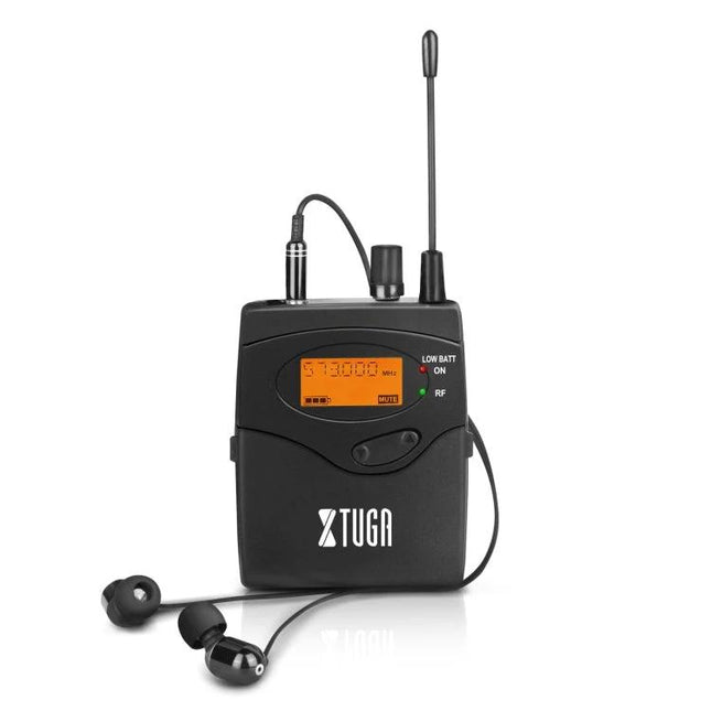 XTUGA Ear Monitor System for Stage Performers Daily Use - compact wireless bodypack with earbuds and antenna for clear live-monitoring up to 80m