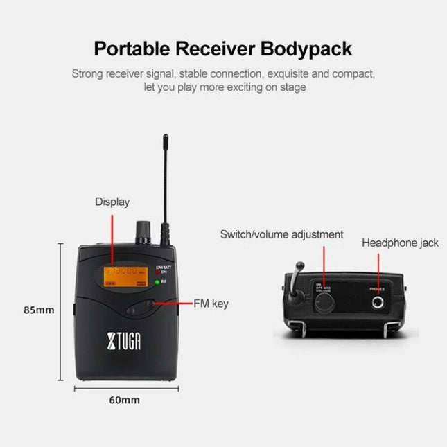 XTUGA Ear Monitor System for Stage Performers Daily Use portable receiver bodypack with display, antenna, FM key and headphone jack
