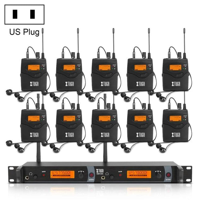 XTUGA In-Ear Monitoring System for Stage Performers - rack receiver with ten black bodypack transmitters and earphones