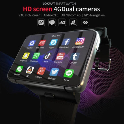 LOKMAT Smart Watch for Daily Connectivity and Activity Tracking showing 2.88-inch HD screen with apps, 4G dual cameras and fitness icons