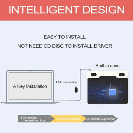 10Moons Drawing Tablet for Mobile and Tablet Devices showing USB connection, built-in driver and easy one-key installation