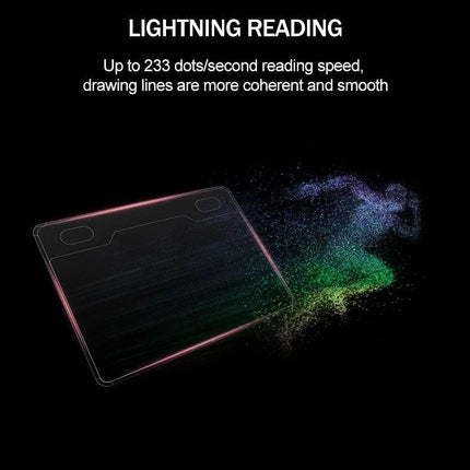 10Moons Drawing Tablet for Mobile and Tablet Devices showing lightning reading up to 233 dots/sec for smooth precise sketching