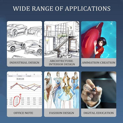 10Moons Drawing Tablet for Mobile and Tablet Devices showcasing wide applications: industrial design, architecture, animation, office notes, fashion, digital education