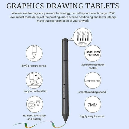 10Moons Drawing Tablet for Mobile and Tablet Devices - stylus features 8192 pressure levels, tilt support, no battery, USB connectivity, accurate low-latency input