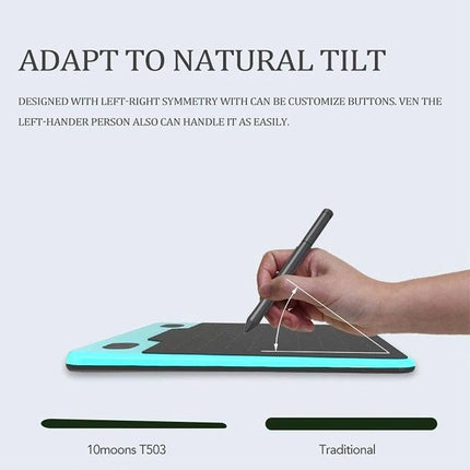 10Moons Drawing Tablet for Mobile and Tablet Devices showing hand using pen with natural tilt, turquoise 10Moons T503 sketchpad on laptop and Android