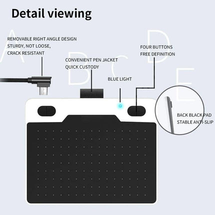 10Moons Drawing Tablet for Mobile and Tablet Devices showing compact black drawing area, four buttons, removable right-angle USB and blue indicator light
