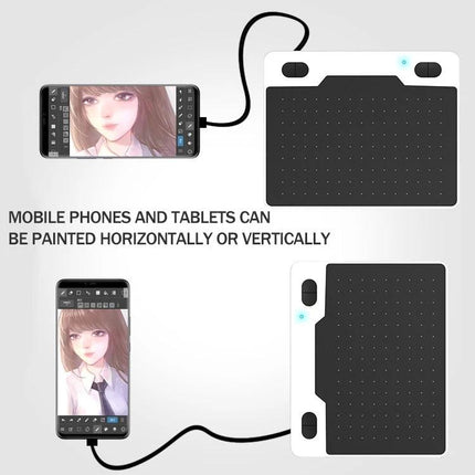 10Moons Drawing Tablet for Mobile and Tablet Devices - compact USB-connected graphic tablet showing phone in horizontal and vertical orientations for sketching on the go