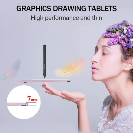 10Moons Drawing Tablet for Mobile and Tablet Devices - thin pink graphics tablet with pen, 7mm profile and woman with floral headpiece showcasing portability