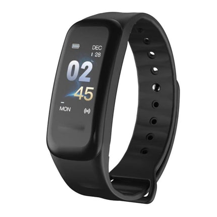 TLW Tracker for Everyday Activity and Sleep Monitoring black wristband showing time, steps, and notifications on screen