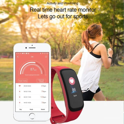 TLW Tracker for Everyday Activity and Sleep Monitoring wristband showing heart rate screen and smartphone app during outdoor run