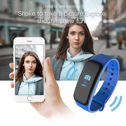 TLW Tracker for Everyday Activity and Sleep Monitoring wristband showing camera control, step and sleep tracking on a blue band