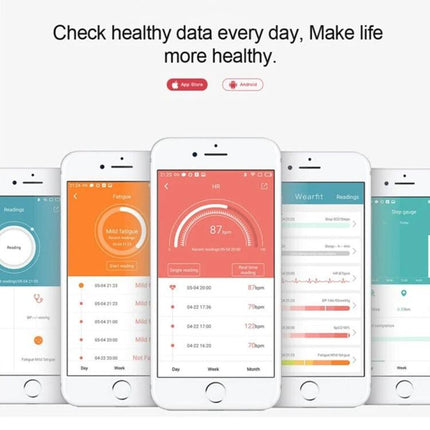 TLW Tracker for Everyday Activity and Sleep Monitoring wristband app screens showing steps, heart rate and sleep data