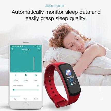 TLW Tracker for Everyday Activity and Sleep Monitoring showing red wristband, sleep screen on app and sleeping woman