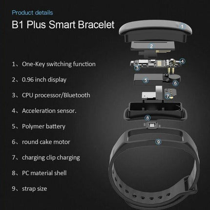 TLW Tracker for Everyday Activity and Sleep Monitoring - exploded view of B1 Plus smart bracelet components and features