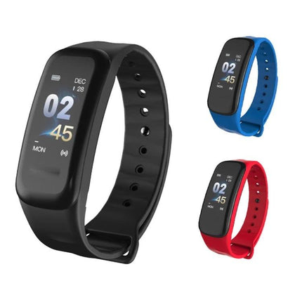 TLW Tracker for Everyday Activity and Sleep Monitoring black blue red wristband showing time, steps and notifications