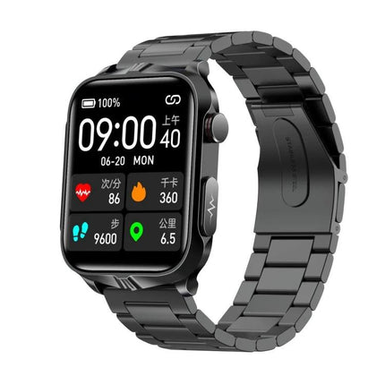 Daily Smart Watch for Everyday Health Monitoring showing heart rate, steps, calories, blood pressure and activity metrics on black metal band watch