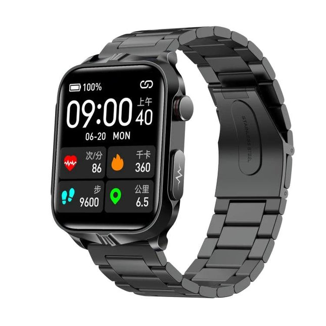 Daily Smart Watch for Everyday Health Monitoring showing heart rate, steps, calories, blood pressure and activity metrics on black metal band watch