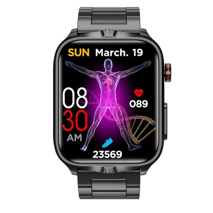 Daily Smart Watch for Everyday Health Monitoring black metal band smartwatch showing heart rate, steps, time and body health visualization