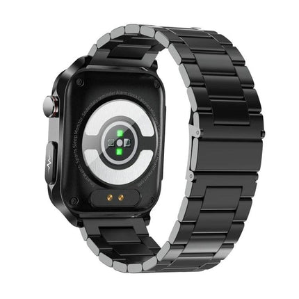 Daily Smart Watch for Everyday Health Monitoring black metal band rear sensor view showing heart rate and blood pressure sensors
