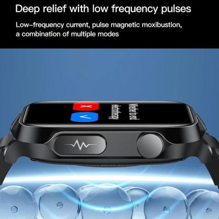 Daily Smart Watch for Everyday Health Monitoring showing low-frequency electrotherapy pulses and heart rate icon on side button