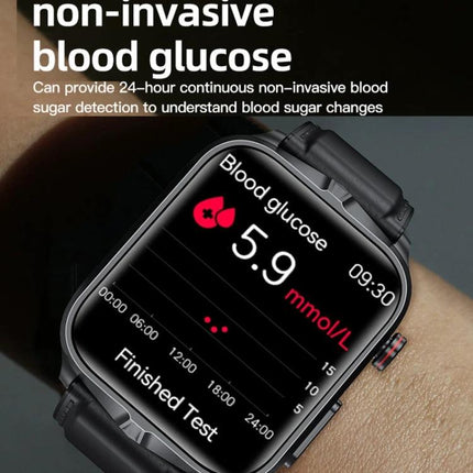 Daily Smart Watch for Everyday Health Monitoring - close-up showing non-invasive blood glucose 5.9 mmol/L reading on wristwatch display