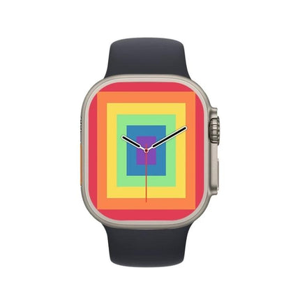 A Practical Smart Watch for Everyday Health and Activity — simple black-banded smartwatch showing colorful concentric square watch face, step and heart-rate tracking features