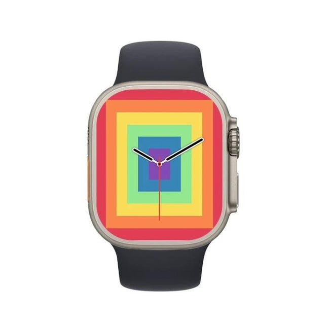 A Practical Smart Watch for Everyday Health and Activity — simple black-banded smartwatch showing colorful concentric square watch face, step and heart-rate tracking features