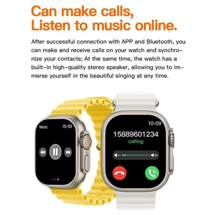A Practical Smart Watch for Everyday Health and Activity showing call screen and music controls on two watches with yellow and white bands